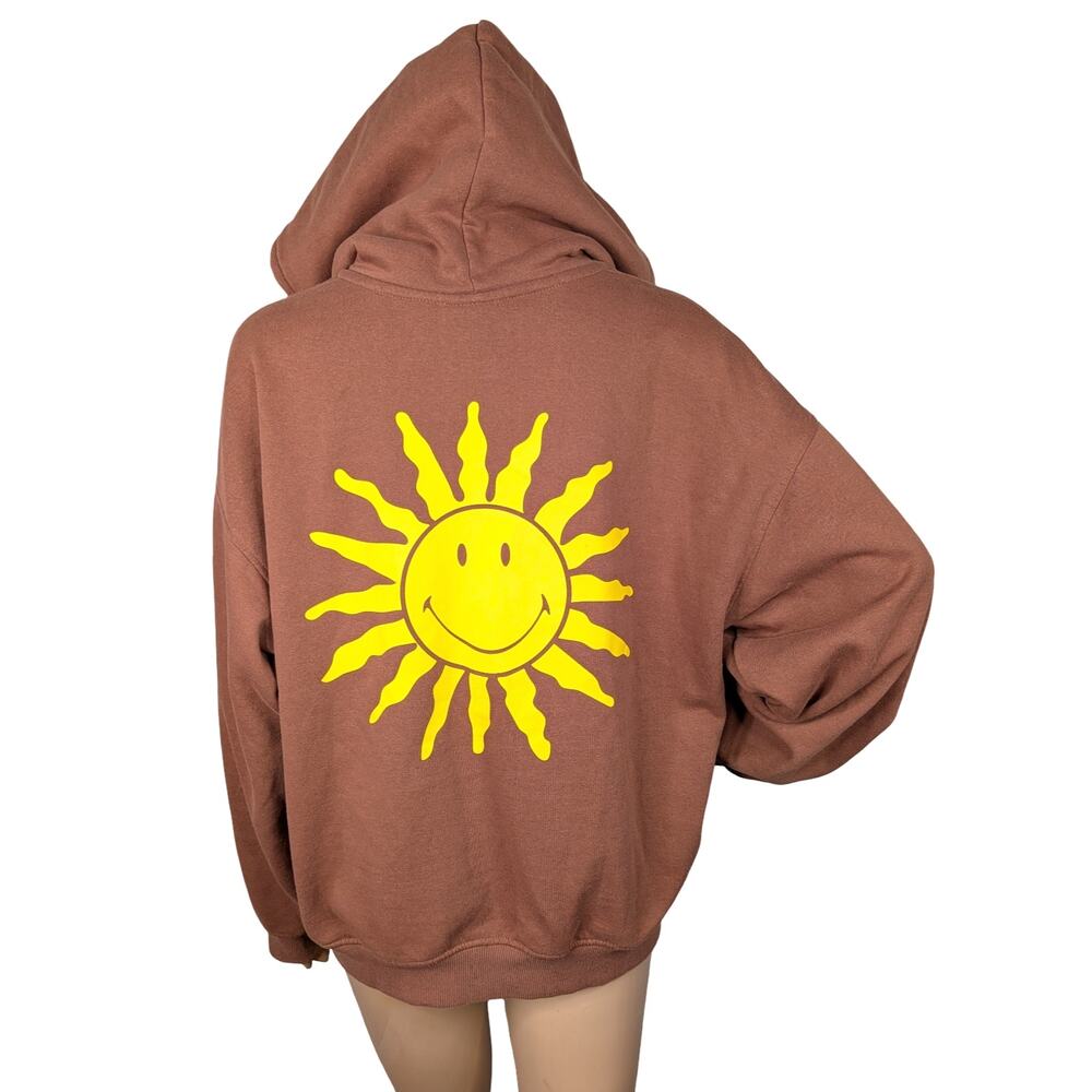 H&M Smiley World Brown Oversized Zip Up Hoodie S Graphic Sun Skater Y2K